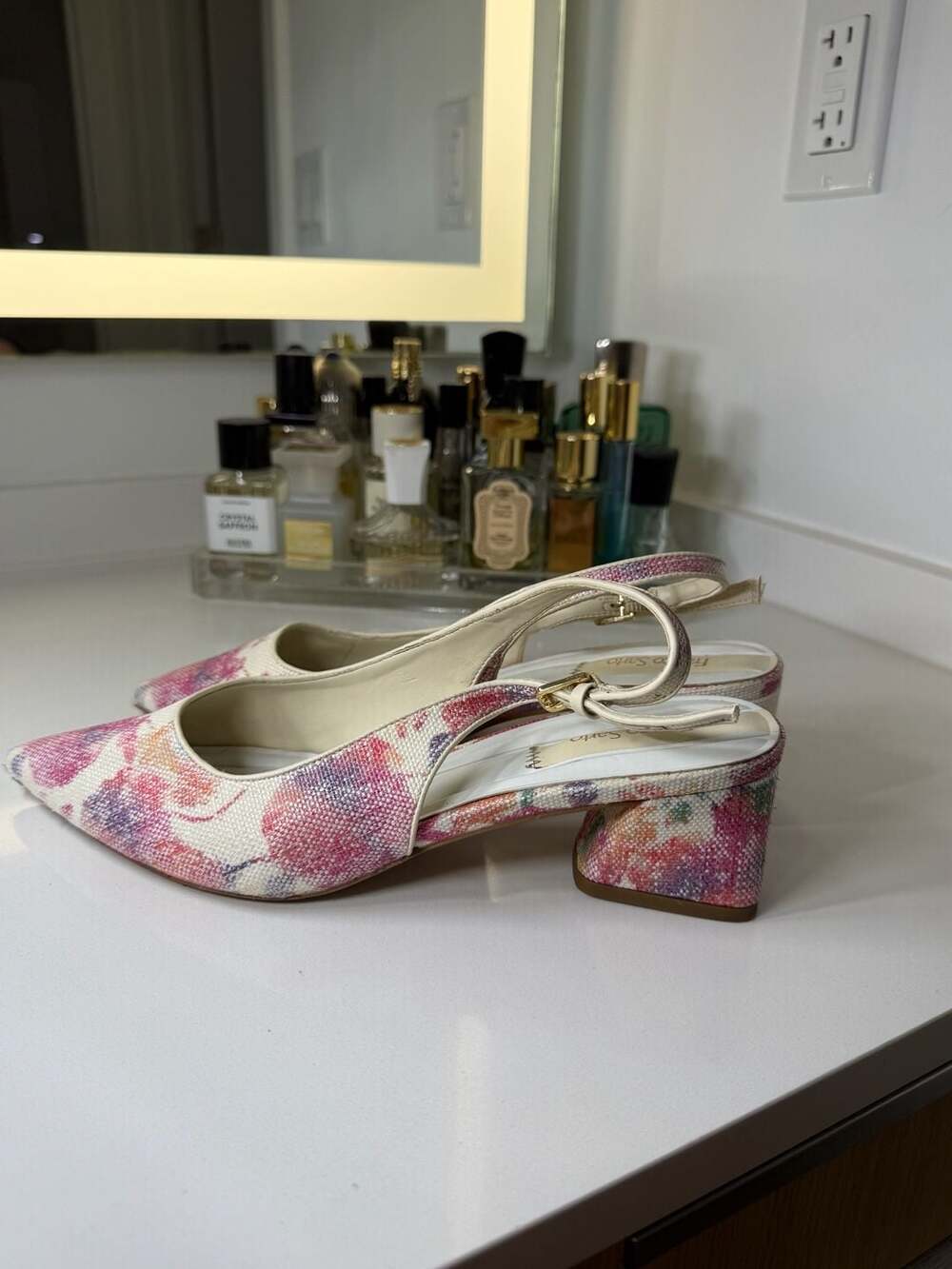 Franco Sarto L-Racer2 Floral Print Pointed Toe Slingback Block Heels